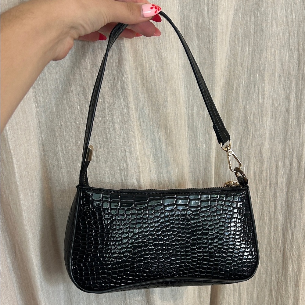 Black Croc-Embossed Shoulder Bag
